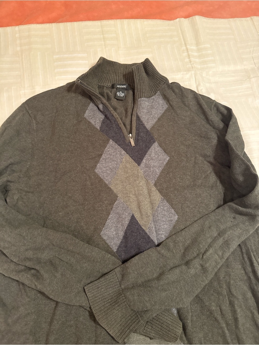 Alfani Men's Olive & Gray Argyle Half-Zip Sweater